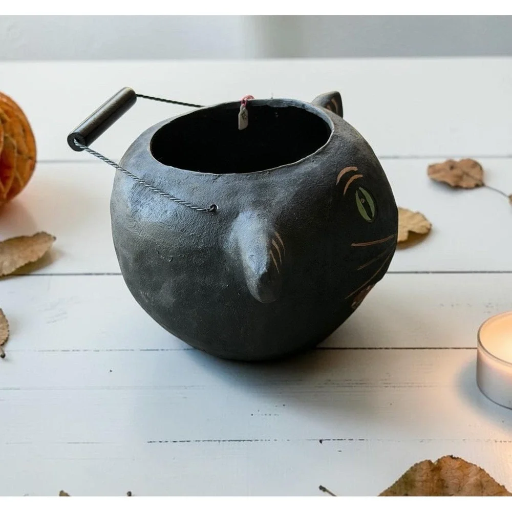 Black Cat Halloween Candy Bucket Paper Mache 12